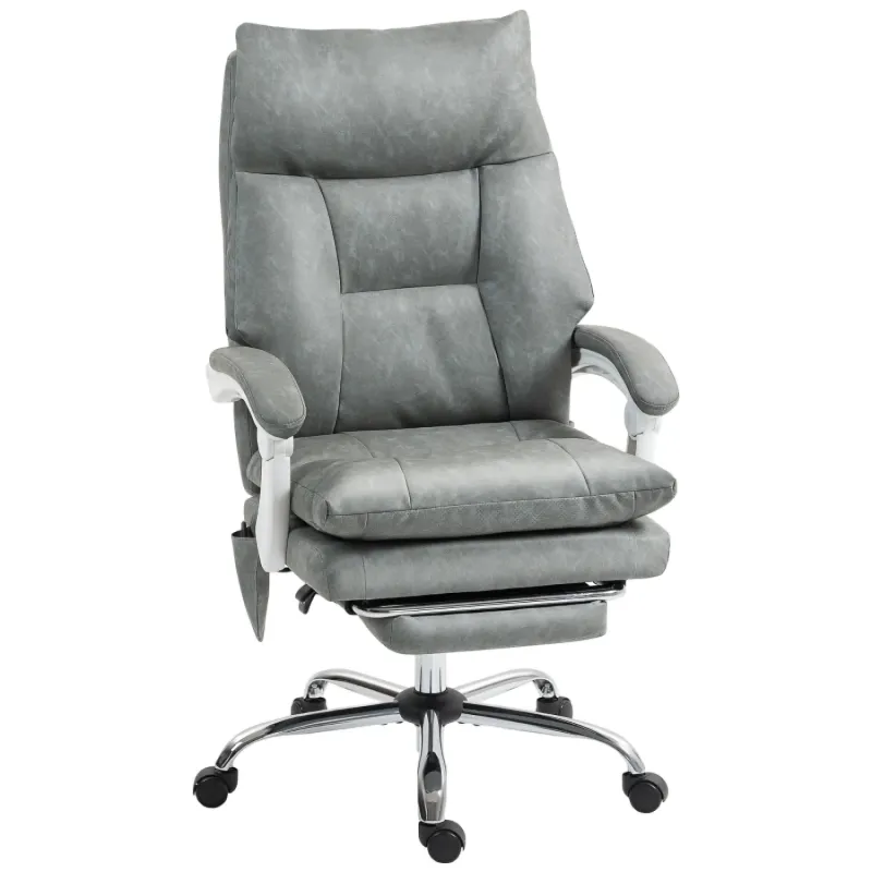 Reclining Faux Leather Executive Office Chair with Inflatable Lumbar Support and Footrest - Grey