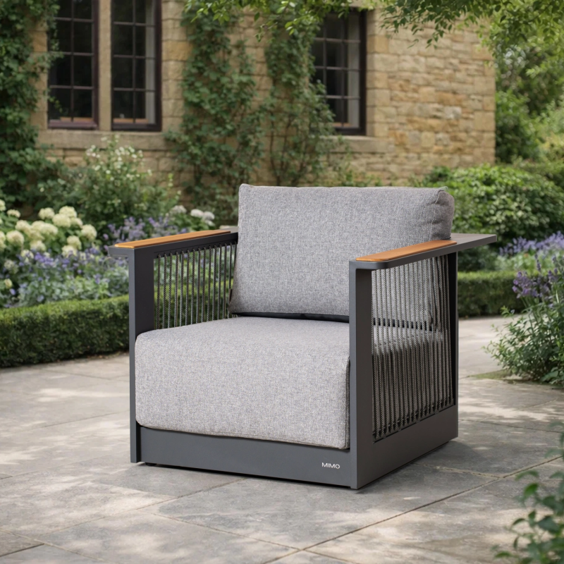 Talara Aluminium Garden Armchair with Teak Armrests and Rope Detail