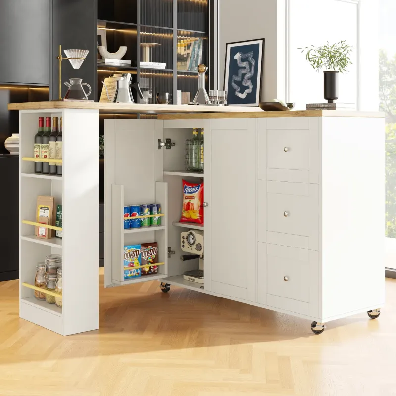 360° Rotating Bar Table with 3 Drawers and Side Shelves - White Kitchen Island