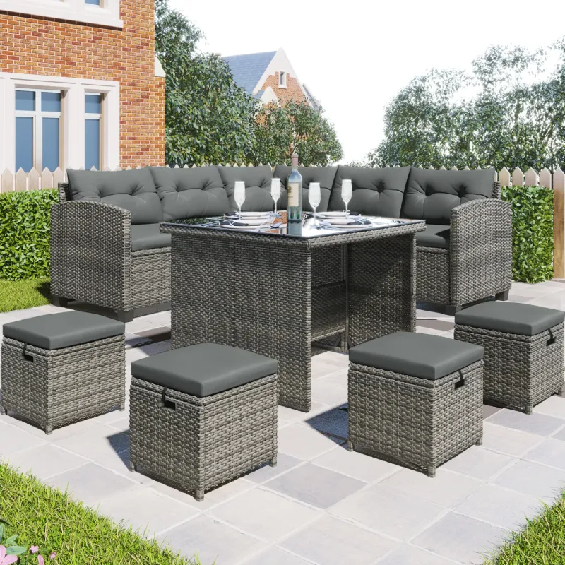 8-Piece Rattan Garden Dining Set - Grey Wicker with Table, 2 Sofas and 4 Stools