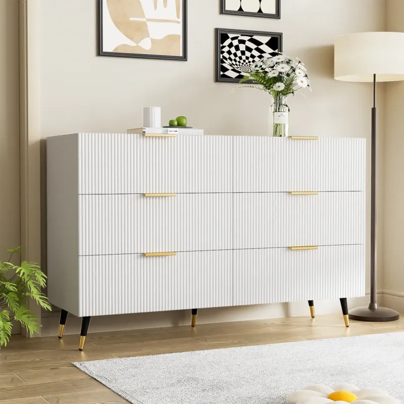 White 6-Drawer Sideboard with Textured Wave Front and Gold Accents
