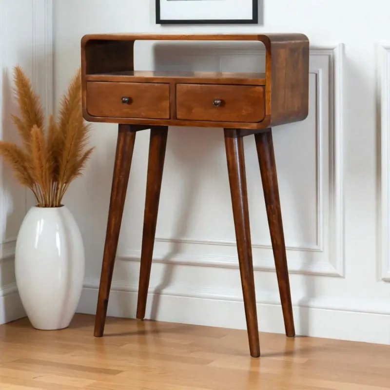 Solid Mango Wood Mini Console Table with 2 Drawers and Open Slot - Chestnut Finish