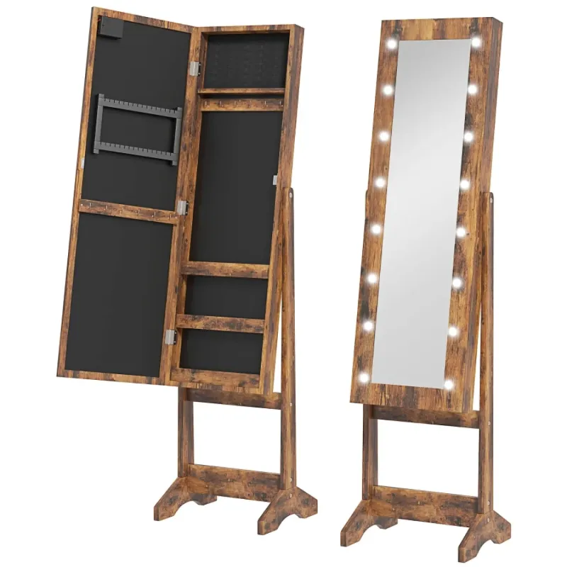 Freestanding LED Mirror Jewellery Cabinet with Storage – Wood-Effect