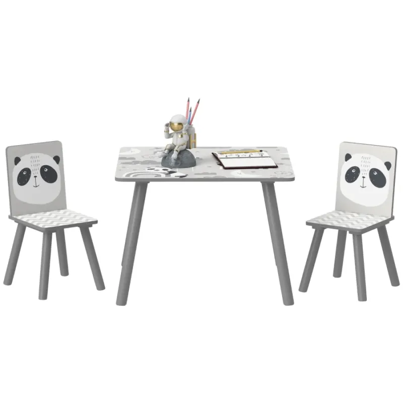 Kids' 3-Piece Wooden Table and Chairs Set - Grey Animal Theme