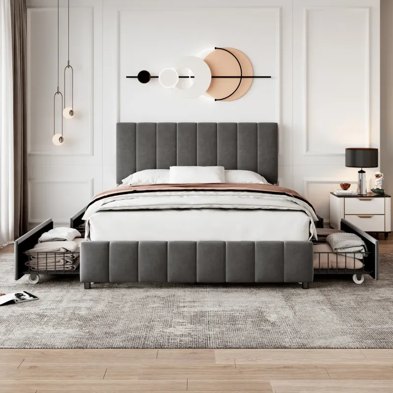 Velvet Upholstered Bed, Double, in Grey, with 4 Storage Drawers and Adjustable Headboard