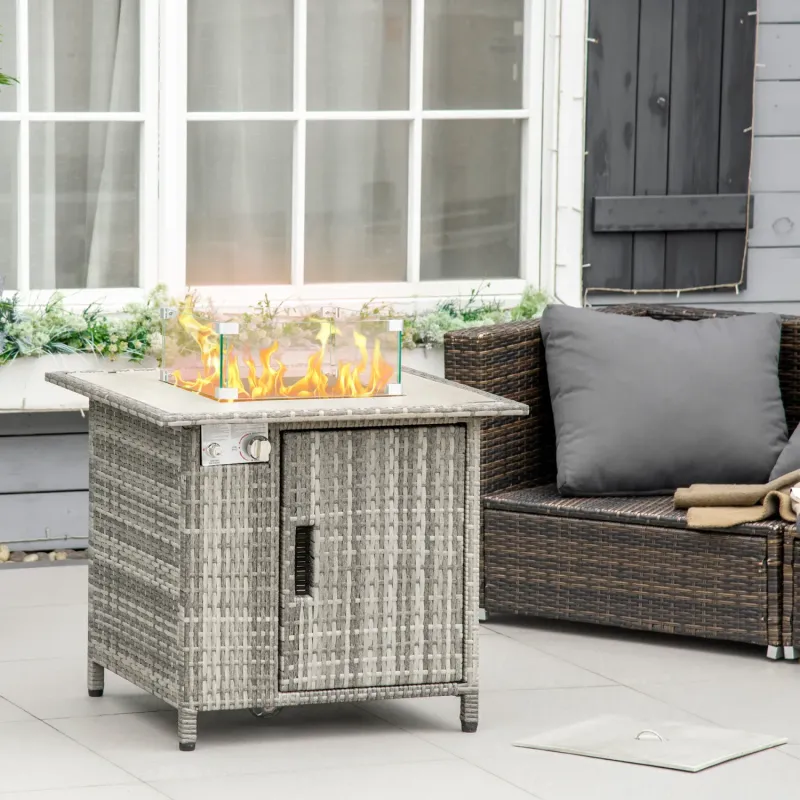  71cm Square PE Rattan Gas Fire Pit Table with Wind Guard and Rain Cover - 50,000 BTU - Grey