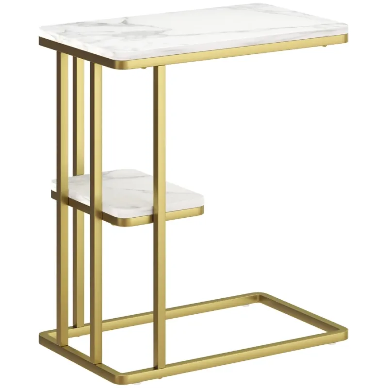  C-Shaped Side Table - 2-Tier Slim End Table with Marble Effect Top and Gold Frame