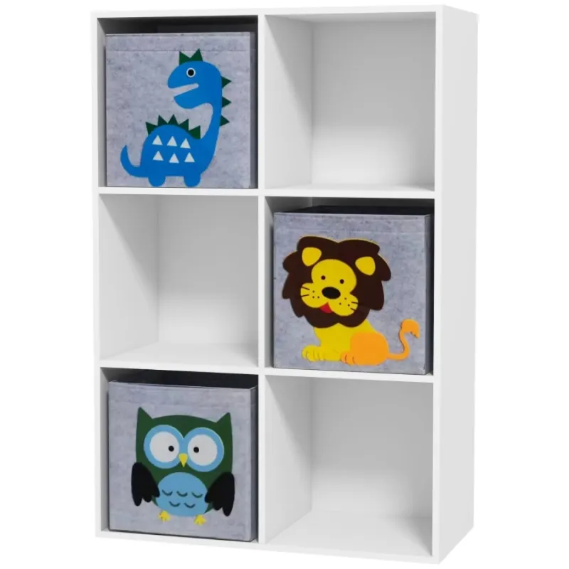 Kids' 6-Cube Toy Storage Unit with 3 Animal Fabric Drawers - White