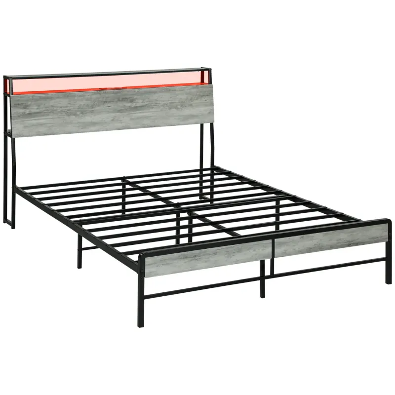  Double Metal Bed Frame with LED Headboard, Storage Shelf and Power Sockets - Grey