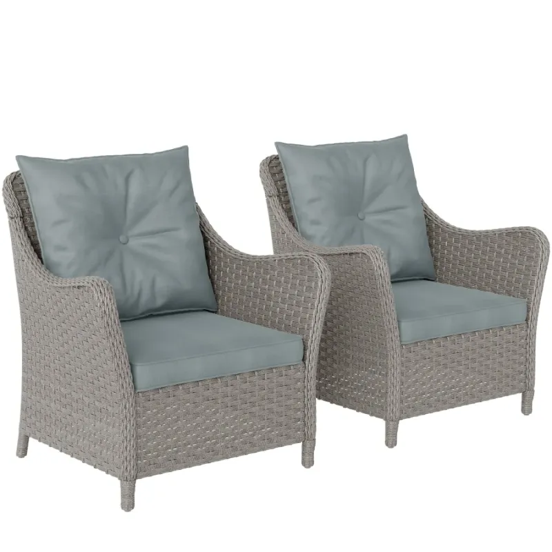 Set of 2 Grey Rattan Garden Armchairs with High Backs and Cushions