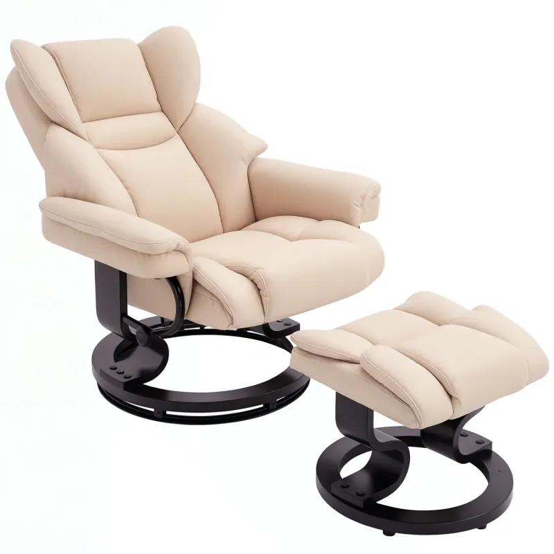  360° Swivel Recliner Armchair with Matching Footstool - Cream PU Leather