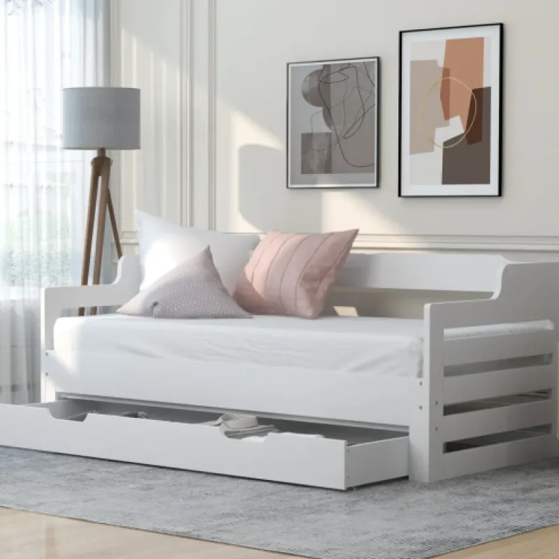 Solid Pine Extendable Daybed, Single, in White, with Pull-Out Trundle and Storage Drawer