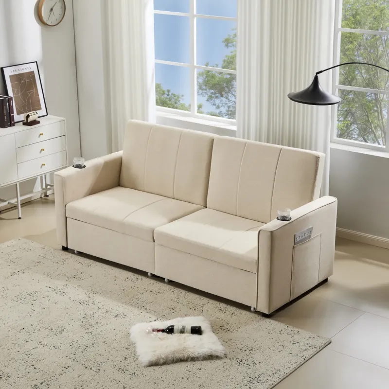 207cm King Size 3-Seater Fabric Sofa Bed with Independent Pull-Out and Cup Holders