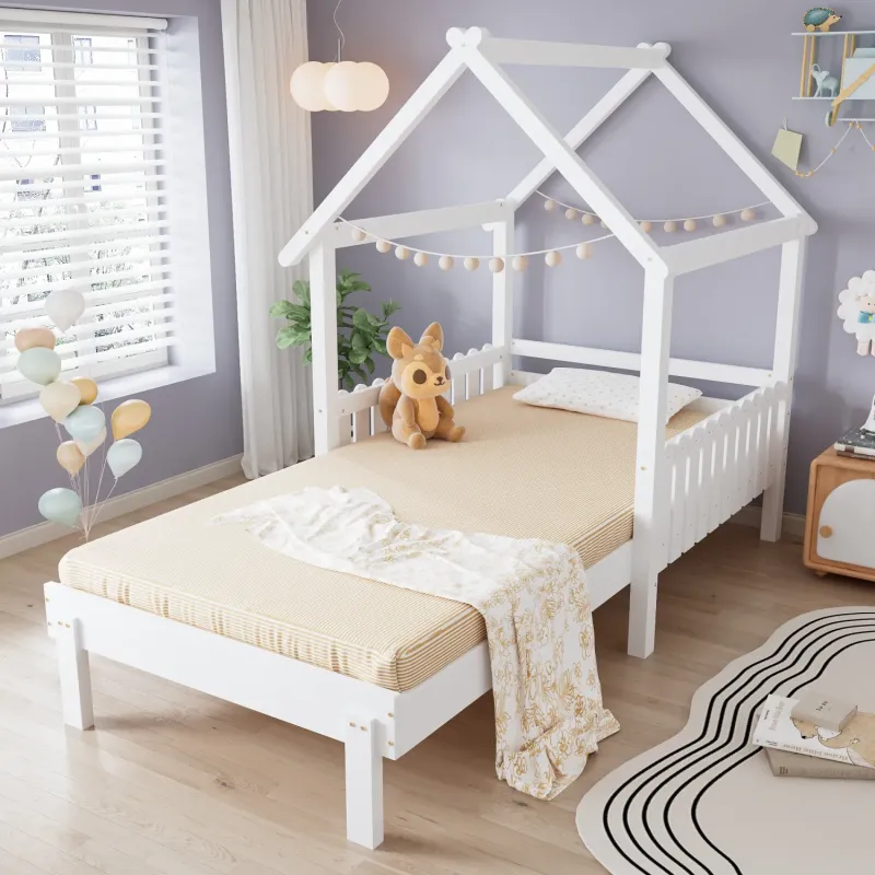 White Wooden Single House Bed with Pull-Out Trundle and Safety Guardrails