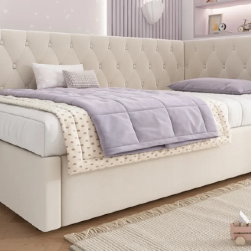 3FT Single Beige Velvet Ottoman Daybed with Hydraulic Storage