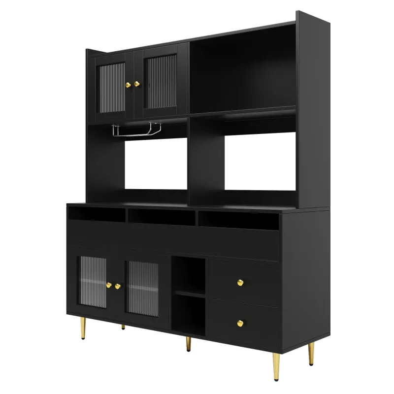 Black and Gold 145cm Storage Cabinet with Fluted Glass Doors and Wine Rack