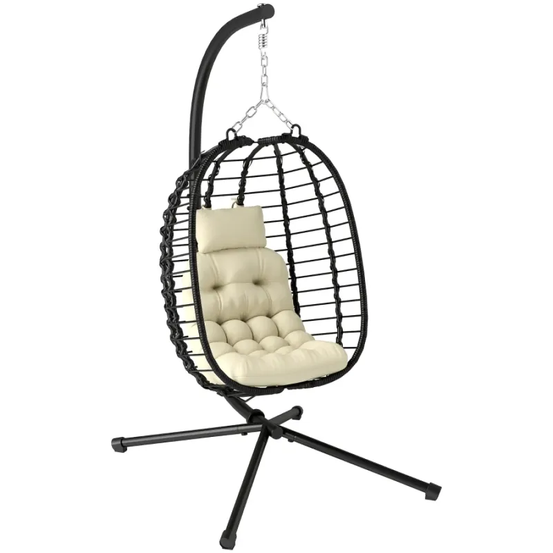 Foldable Rattan Hanging Egg Chair with Stand and Cushions – Cream White
