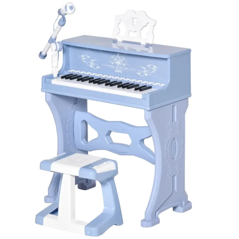 37-Key Kids' Electronic Grand Piano Toy Set with Microphone, Stool and Light-up Keys - Blue