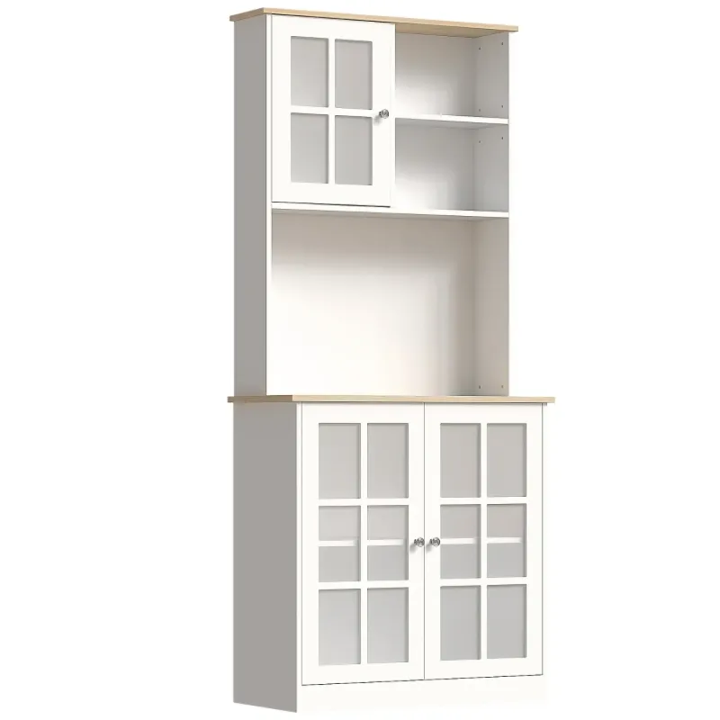 White Freestanding Kitchen Larder Cupboard with Glass Doors and Adjustable Shelves