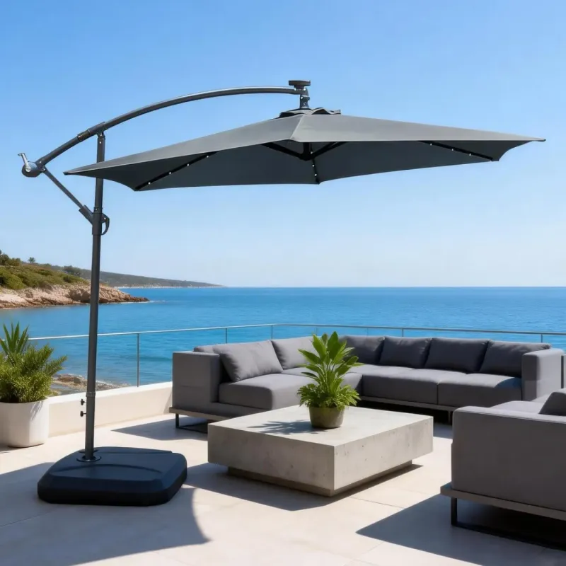LED Banana Cantilever Garden Parasol with Integrated Lights & Crank