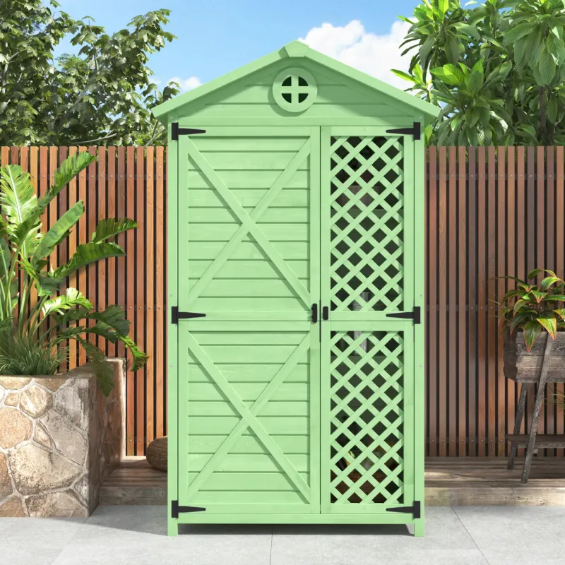 Fir Wood Garden Shed, 175cm Tall, in Green, with 3 Shelves and Sloped Felt Roof