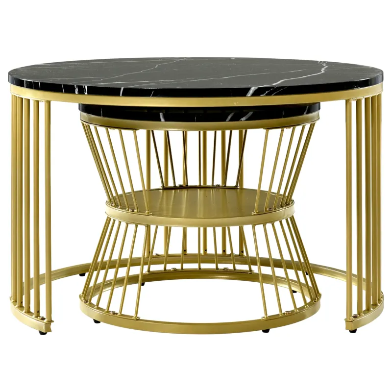 Set of 2 Round Marble Effect Nesting Coffee Tables with Gold Metal Frames