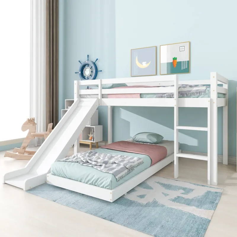 White Wooden Children's Bunk Bed with Slide and Adjustable Ladder