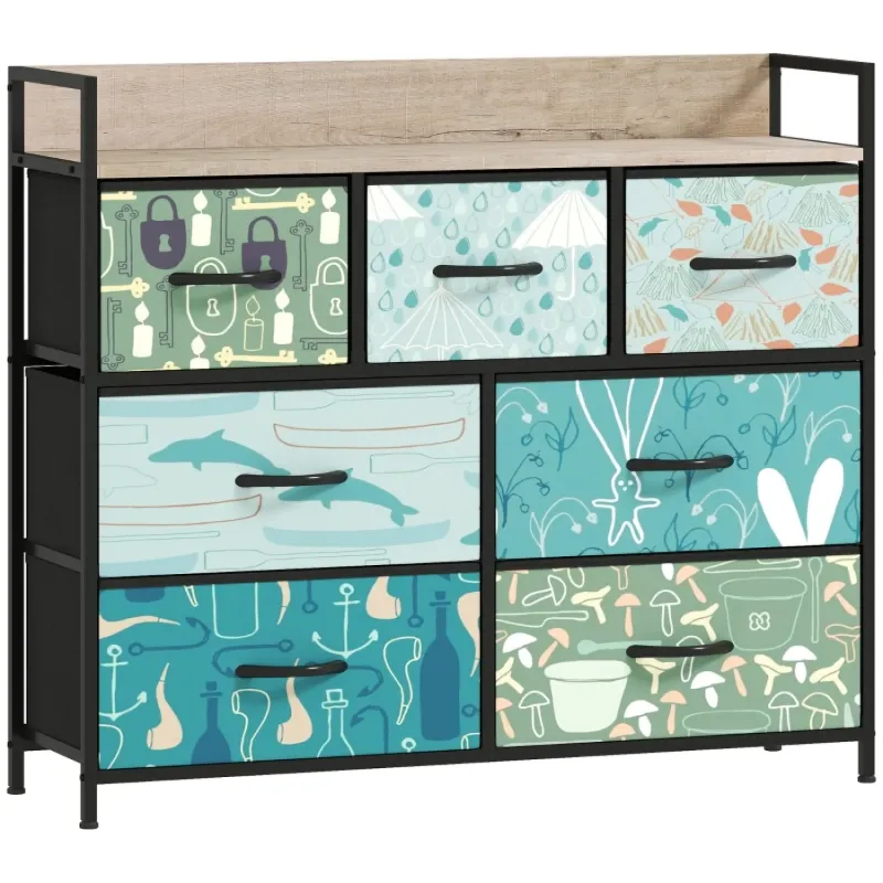 7-Drawer Fabric Chest of Drawers with Patterned Fronts and Wood-Effect Top - Blue