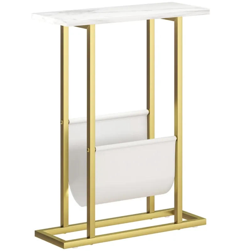  Narrow Side Table with Magazine Holder - White Marble Effect and Gold Frame