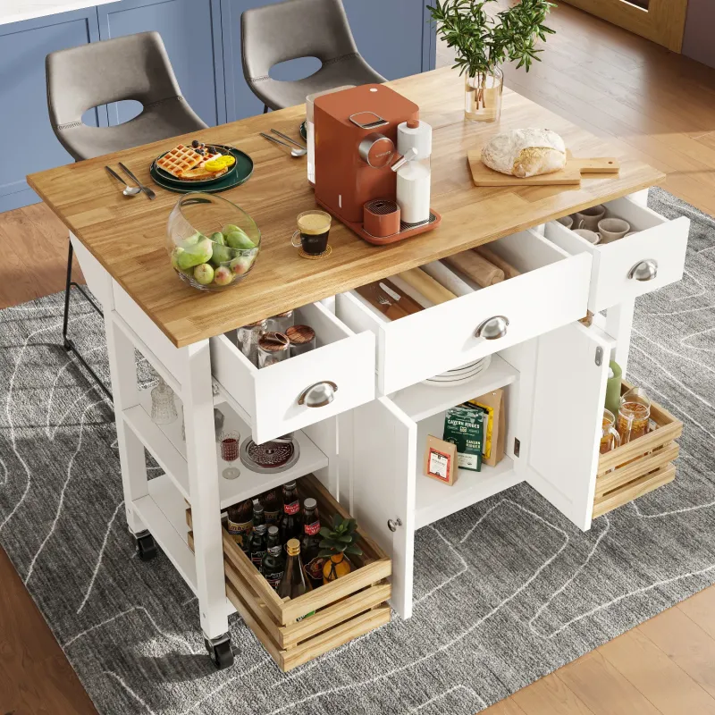 White Rolling Kitchen Island Trolley with Folding Breakfast Bar, 3 Drawers & Spice Rack