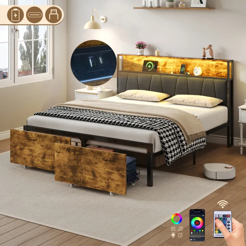 Metal and Wood Bed, Double, in Black and Walnut, with 2 Storage Drawers and LED Charging Headboard