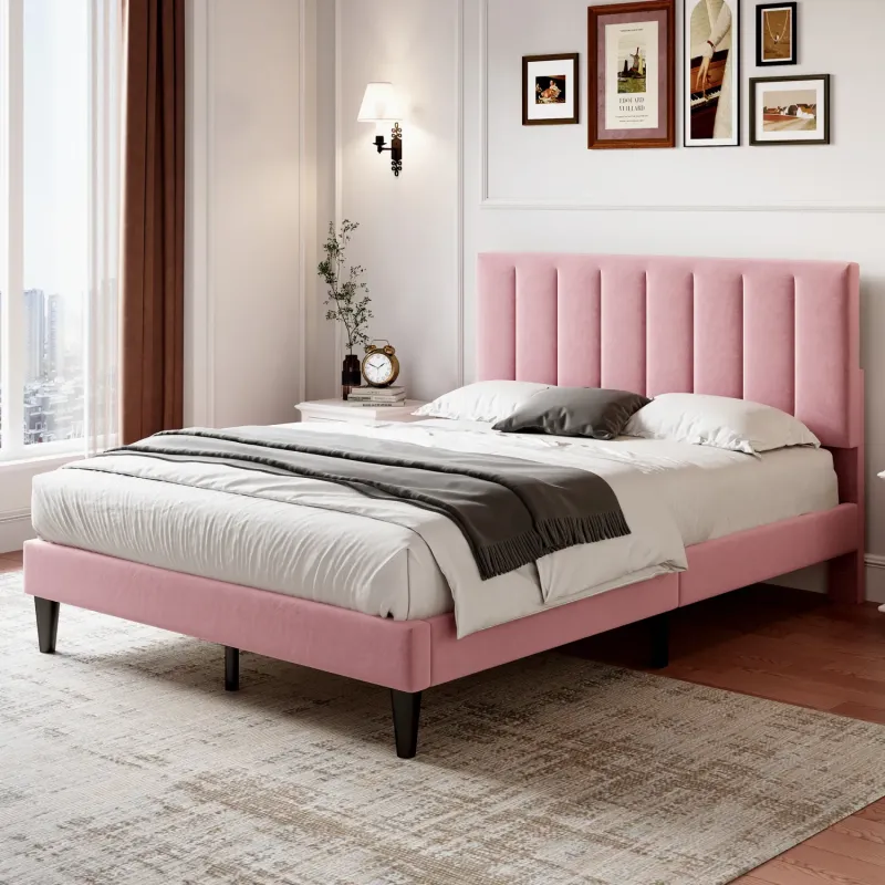 Double Upholstered Velvet Bed in Pink, with Adjustable Channel-Tufted Headboard