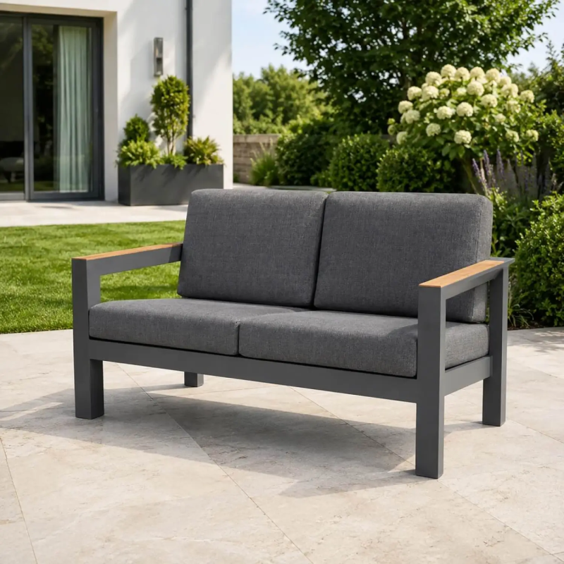 Arve 2-Seater Aluminium Garden Sofa with Teak Armrests - Carbon Black