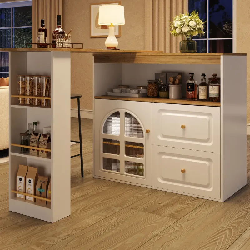 MDF Extendable Rotating Sideboard, 138-204cm, in White, with Curved Glass Door and 2 Drawers