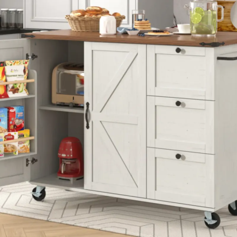 140cm Extendable Kitchen Island Trolley with Walnut Wood Grain Top and Storage Cabinet