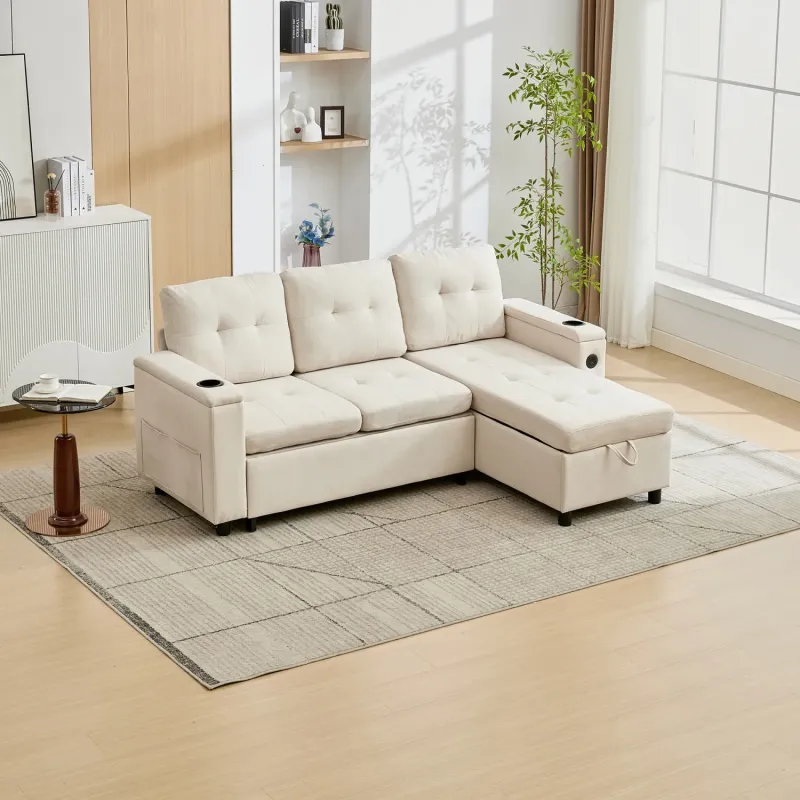 Beige 3-Seater L-Shaped Pull-Out Sofa Bed with Storage and LED Lighting