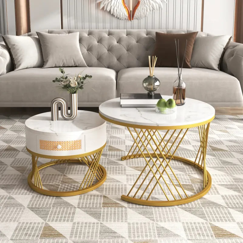 Round Coffee Table Set, Marble Effect in White and Gold, with Rattan Drawer