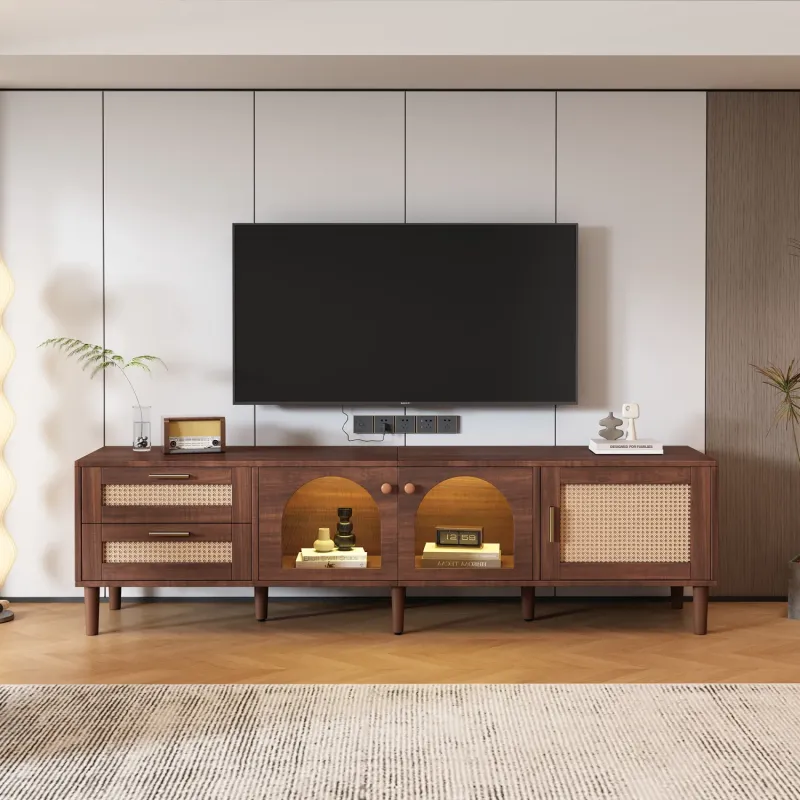 180cm Brown TV Stand with Rattan Drawers and Arched Glass Doors for TVs up to 80"