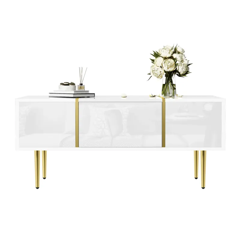 Modern White High Gloss Coffee Table with 2 Drawers and Gold Detailing