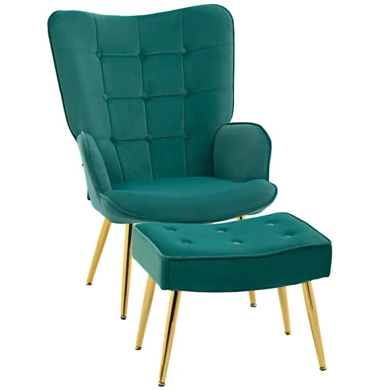 Dark Green Velvet Wingback Armchair with Matching Footstool