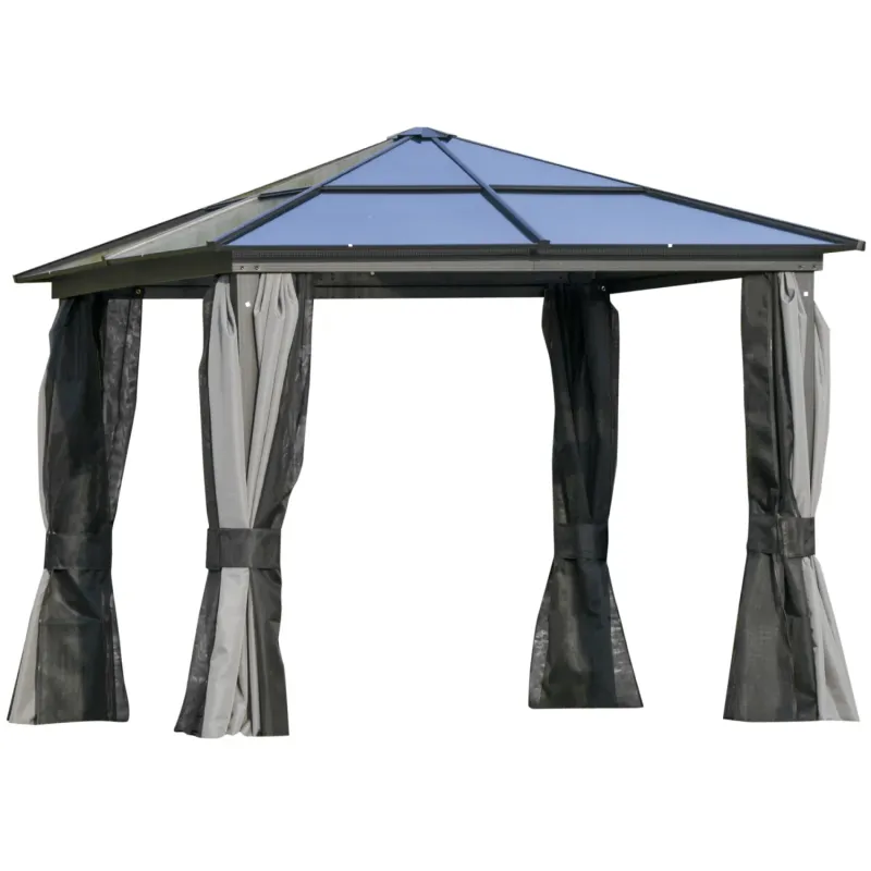  3m x 3m Hardtop Garden Gazebo with Polycarbonate Roof and Curtains - Dark Grey