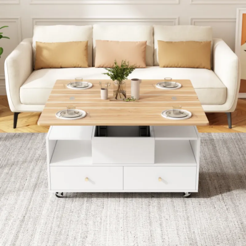 Multi-Functional Lift-Top Coffee Table with 4 Drawers and Wheels - White & Wood Grain