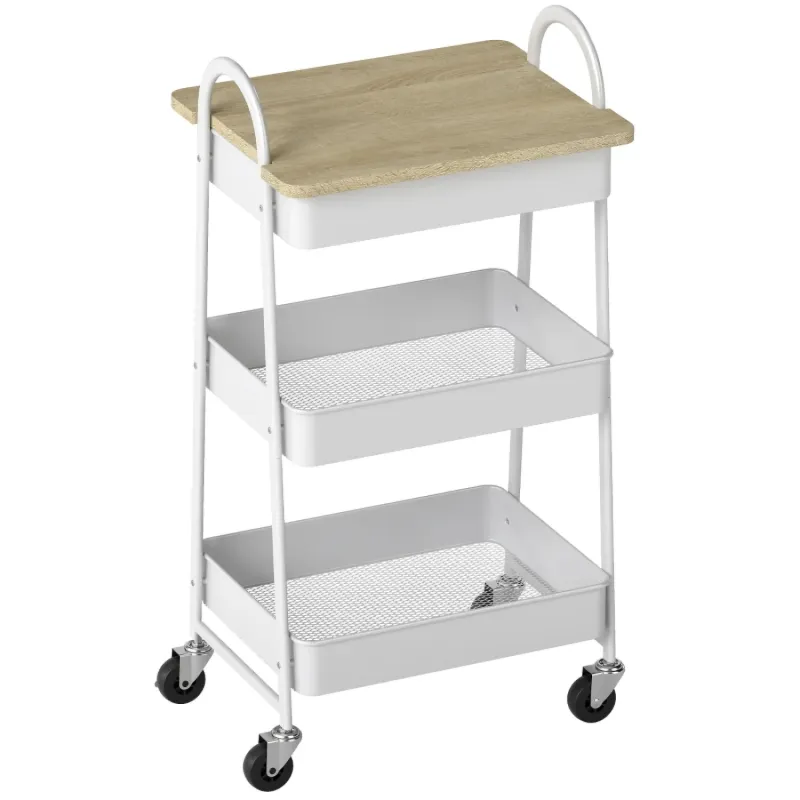  3-Tier Kitchen Storage Trolley with Wooden Worktop and Lockable Wheels - White and Oak
