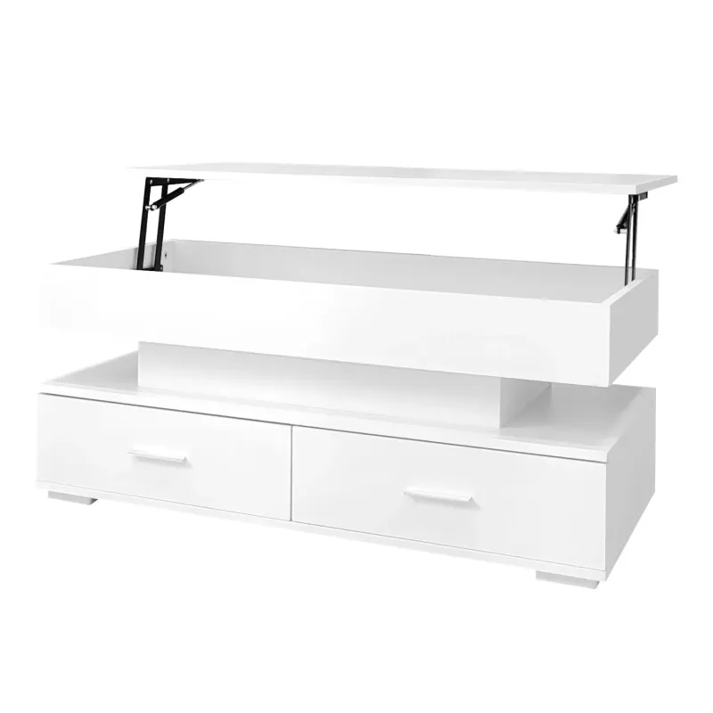 White Hydraulic Lift-Top Coffee Table with Smart LED Lighting and Storage Drawers