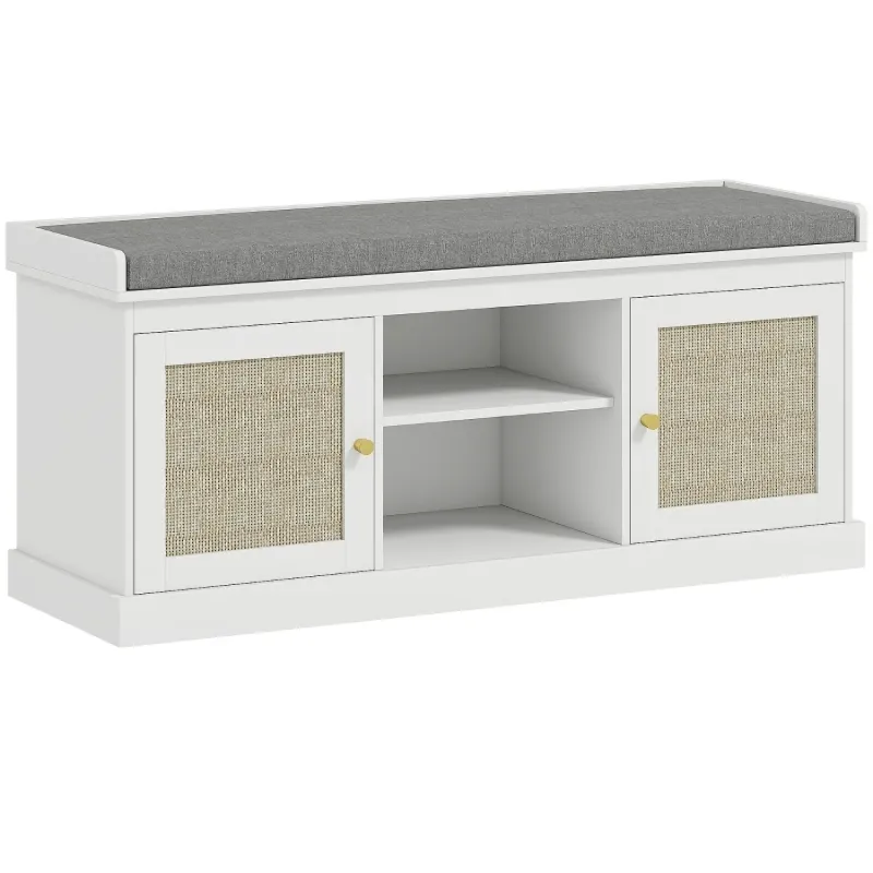  Boho Shoe Storage Bench with Rattan Doors and Padded Seat - White