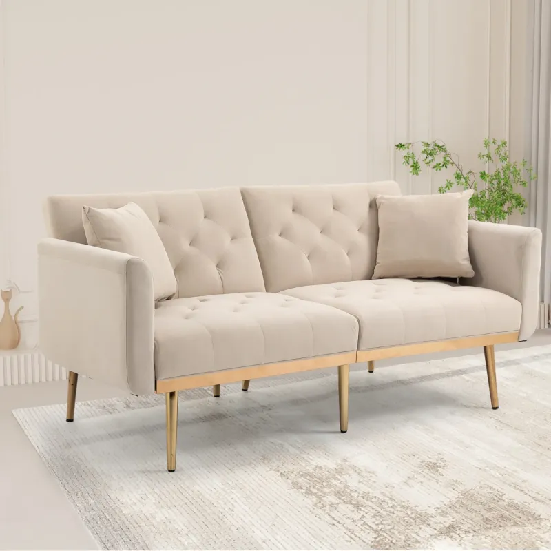 2-Seater Velvet Sofa Bed with 3-Position Adjustable Backrest and Rose Gold Legs