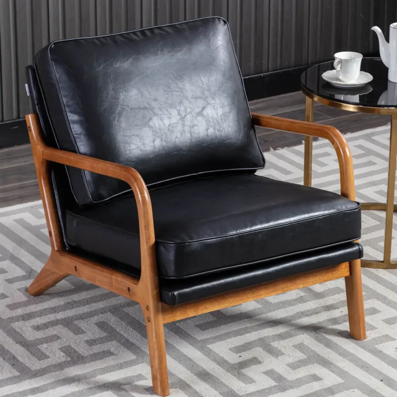 Mid-Century Modern Armchair with Solid Wood Frame and Black PU Leather