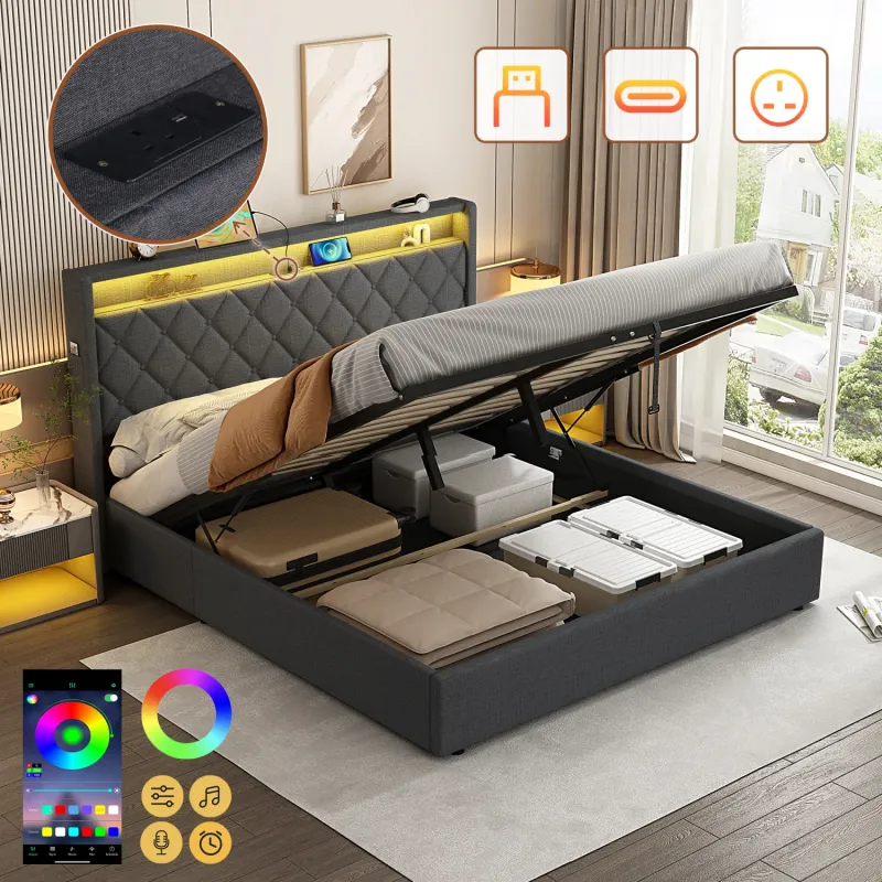 King Size Upholstered Ottoman Bed Frame with LED Lighting & Charging Headboard - Grey
