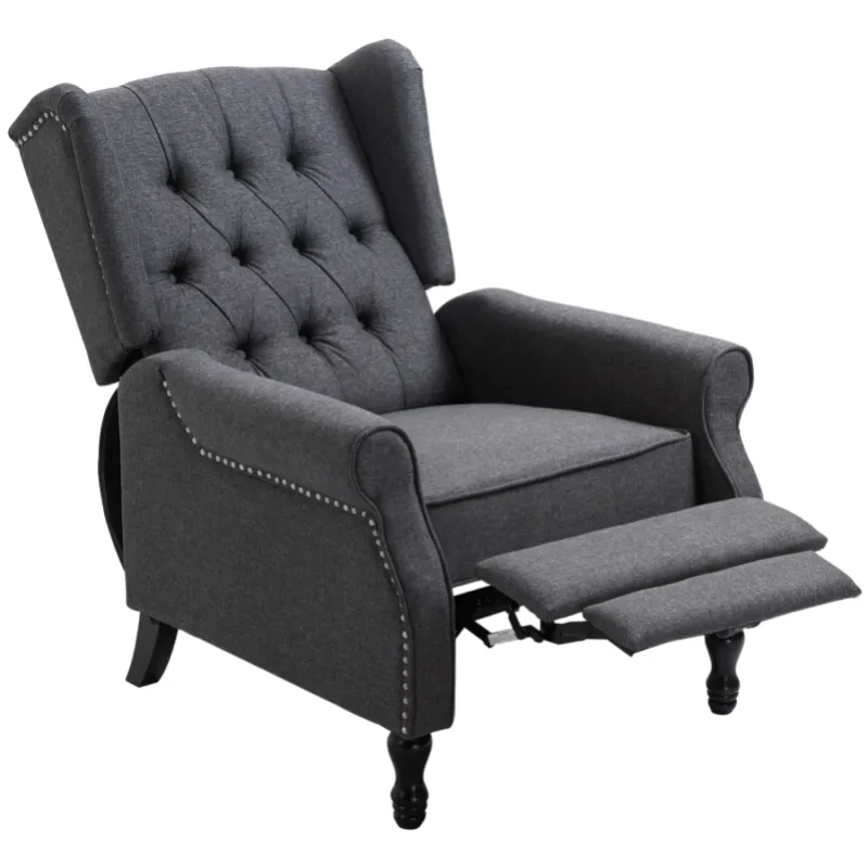 Vintage Wingback Recliner Armchair with Button Tufting and Nailhead Trim - Dark Grey