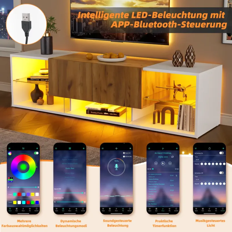 160cm Modern LED TV Stand for 70 Inch TVs - Wood and White Media Unit with 2 Drawers